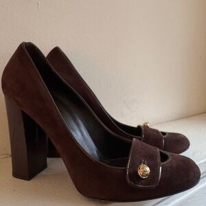 GUCCI Brown Suede Mary Jane Pumps with Gold "GG" Button, Sz 7